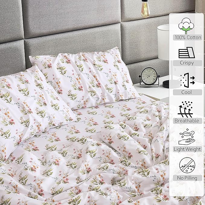 RUVANTI 100% Cotton Twin XL Sheet Sets, 3 Pieces, Soft & Breathable Percale Weave Bedding, Deep Pocket 16", Hotel Standard, Crisp Cool Feel, Durable, Perfect Size Floral Sheets, Floral Bliss