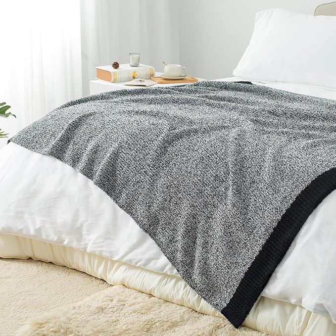 Carriediosa Heather Throw Blanket 50" X 60", 400GSM Ultra Soft Microfiber Fuzzy Fluffy Reversible Knitted Blankets Cozy Plush Lightweight and Warm Fall Throws for Couch, Bed, Sofa, Black