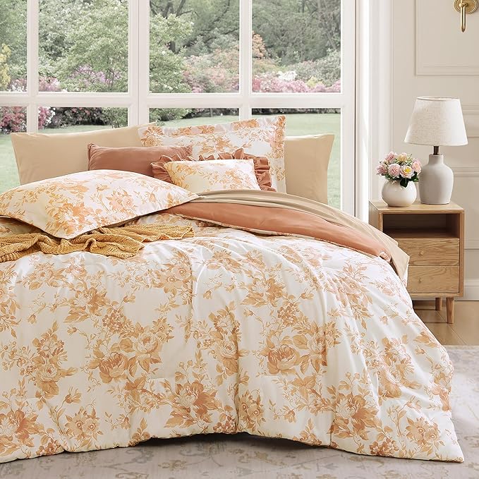 Queen Comforter Set -7 Pieces Autumn Leaf Floral Comforter Set for All Seasons, Bed in a Bag Queen with Botanical Flowers Comforter, Sheets, Pillowcases & Shams