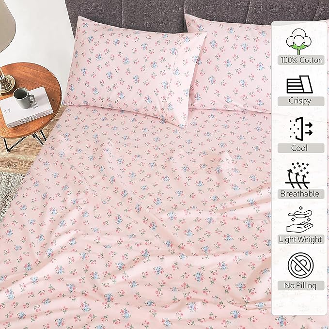 RUVANTI 100% Cotton California King Sheet Sets, 4 Pieces, Soft & Breathable Percale Weave Bedding, Deep Pocket 14", Hotel Standard, Crisp Cool Feel & Durable, Perfect Floral Sheets, Spring On