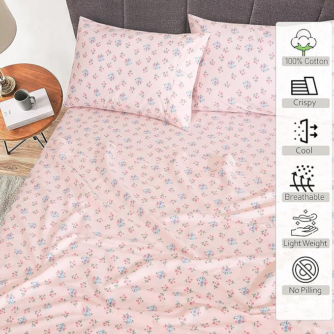 RUVANTI 100% Cotton Full Size Bed Sheets, 4 Pieces, Soft & Breathable Percale Weave Bedding, Deep Pocket 16", Hotel Standard, Crisp Cool Feel, Durable, Perfect Sheet Set Floral, Spring On