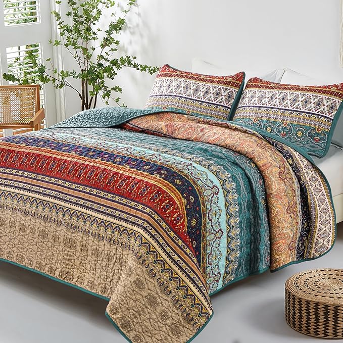 WONGS BEDDING Boho King Quilt Set, Green and Brown Bohemian King Quilt Bedding Set, Lightweight Microfiber Bed Decor Bedspread for All Season 103"x90"(3 Pieces)