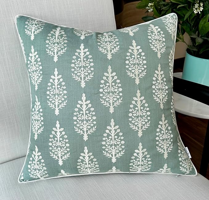 Chandni Paiseley Embroiderd Decorative Square Accent Throw Pillow Cover - Sofa, Chair, Couch, Bedroom, Living Room, Farmhouse Home Decor - 20x20 Inches-Light Teal