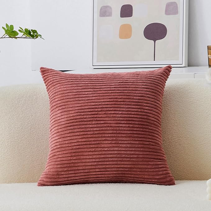 Home Brilliant Pink Pillow Cover 18x18 Striped Velvet Corduroy Decorative Pink Throw Pillows for Couch Bedroom Girls Room, (45x45 cm, 18inch), Dry Rose Pink