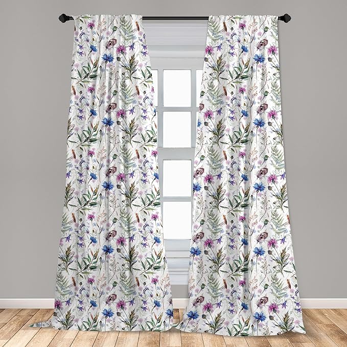 Ambesonne Thistle Window Curtains, Hand-Drawn Watercolor Style Summer Wildflowers Pattern as Cornflower and Thistle, Lightweight Decor 2-Panel Set with Rod Pocket, Pair of - 28" x 95", Green Blue