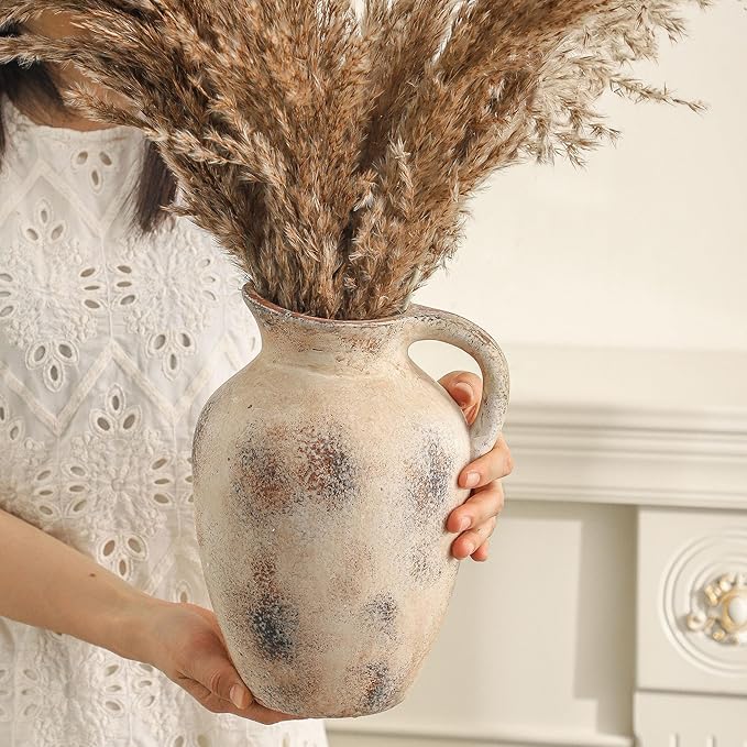 Vintage Farmhouse Pottery Vase, 9.7 inch Handcrafted Decorative Ceramic Vase for Home, Dining Table, Bathroom, or Bookshelf Accents