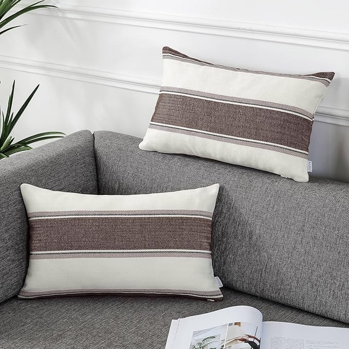 AmHoo Pack of 2 Farmhouse Linen Throw Pillow Cover Cushion Stripe Decoration Buffalo Retro Pillowcase with Hidden Zipper for Sofa Bedroom Car 12 x 20 Inch Brown