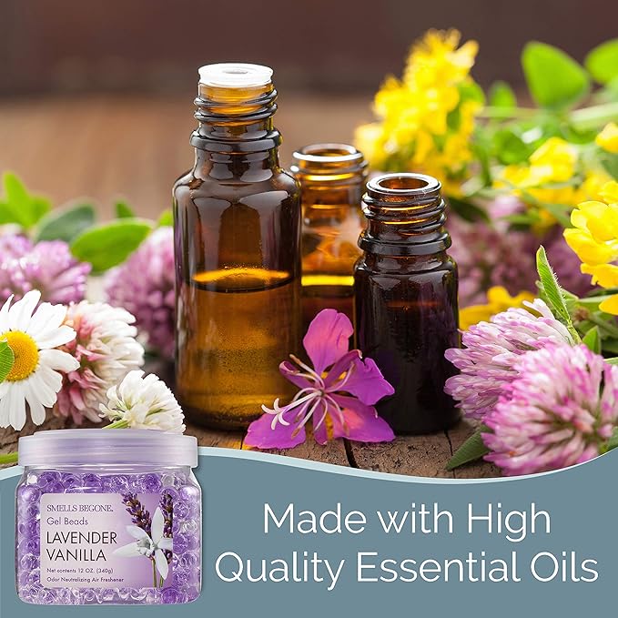 SMELLS BEGONE Odor Eliminator Gel Beads - 12 oz, Pack of 6 - Eliminates Odor in Bathrooms, Cars, Boats, RVs & Pet Areas - Air Freshener - Made with Essential Oils - Lavender Vanilla Scent
