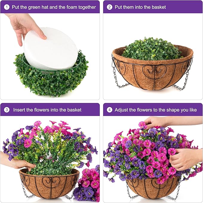 Artificial Fake Hanging Flowers Plants Baskets for Outdoor Decoration, Faux Silk Morning Glory in Planter UV Resistant Realistic for Outside Porch Patio Balcony Garden Yard Home Decor