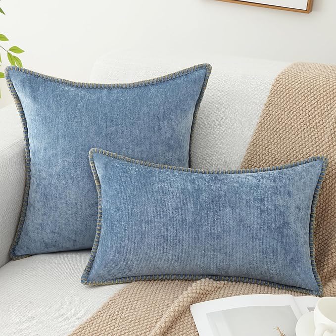 decorUhome Chenille Soft Throw Pillow Covers 20x20 Set of 2, Farmhouse Velvet Neutral Decorative Euro Pillow Covers with Stitched Edge for Couch Sofa Bed Home Decor, Blue