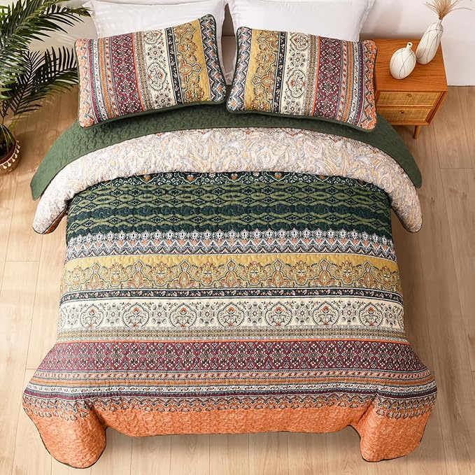 WONGS BEDDING Boho Queen Quilt Set, Green and Orange Bohemian Quilt Bedding Set, Fall Lightweight Bed Decor Bedspread for All Season Reversible Microfiber Coverlet Bedding Set 96"x90"(3 Pieces)
