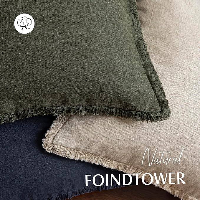 Foindtower Decorative Linen Fringe Throw Pillow Covers Cozy Boho Farmhouse Cushion Cover with Tassels Soft Accent Pillowcase for Chair Sofa Bed Living Room Home Decor, 26×26 Inch, 1PC,Dark Olive Green