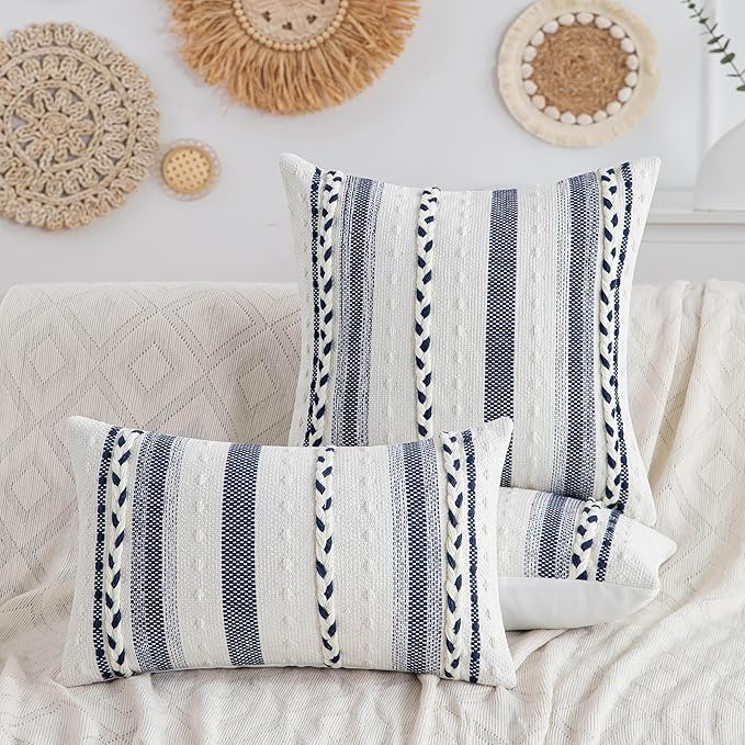 Decorative 2 Packs Boho Navy Blue Striped Lumbar Pillow Covers 12x20 Inch Coastal Accent Long Throw Pillows, Neutral Farmhouse Textured Throw Pillow Cases for Couch Bedroom Living Room Chair