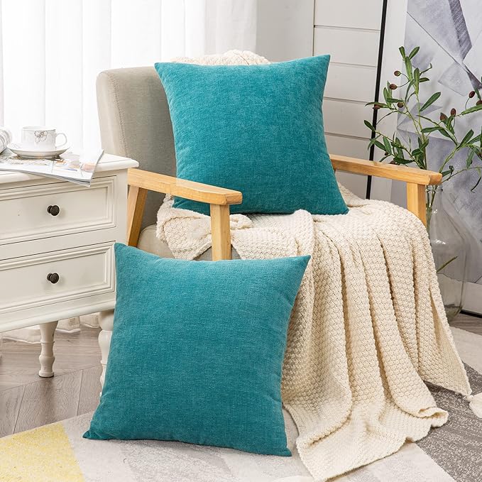 GAWAMAY Decorative Chenille Throw Pillow Covers 26x26 Inch Pack of 2, Soft Square Couch Pillow Cover for Sofa Cushion Living Room Bedroom Solid Dyed Oversized Pillowcases Teal 66x66cm (ONLY Covers)