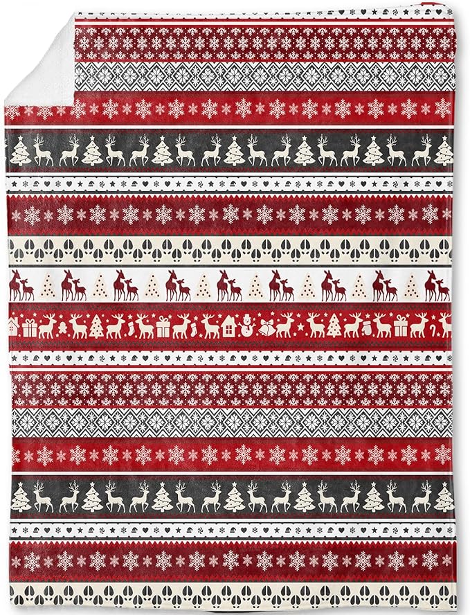 Christmas Decorative Throw Blanket Red White Nordic Reindeer Snowflake Print Decoration, Soft Flannel Winter Blankets for Couch Bed Sofa, Holiday Home Decor, Xmas Festival Gifts 50x60 Inch