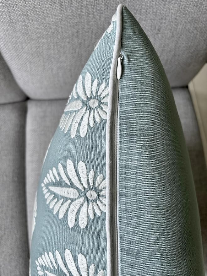 Booti Embroiderd Decorative Square Accent Throw Pillow Cover - Sofa, Chair, Couch, Bedroom, Living Room, Farmhouse Home Decor - 18x18 Inches-Light Teal