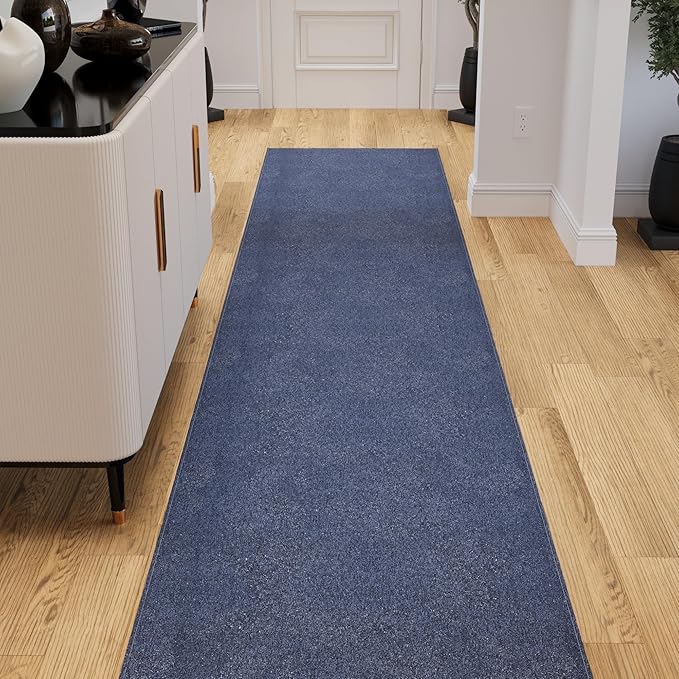 Ottomanson 2' x 32' Ultra-Thin Hallway Runner Rug - Durable Non-Slip Carpet for High-Traffic Areas - Fits Under Doors for Seamless Entry - Ideal for Kitchen, Entryway, Bedroom & Living Room, Navy