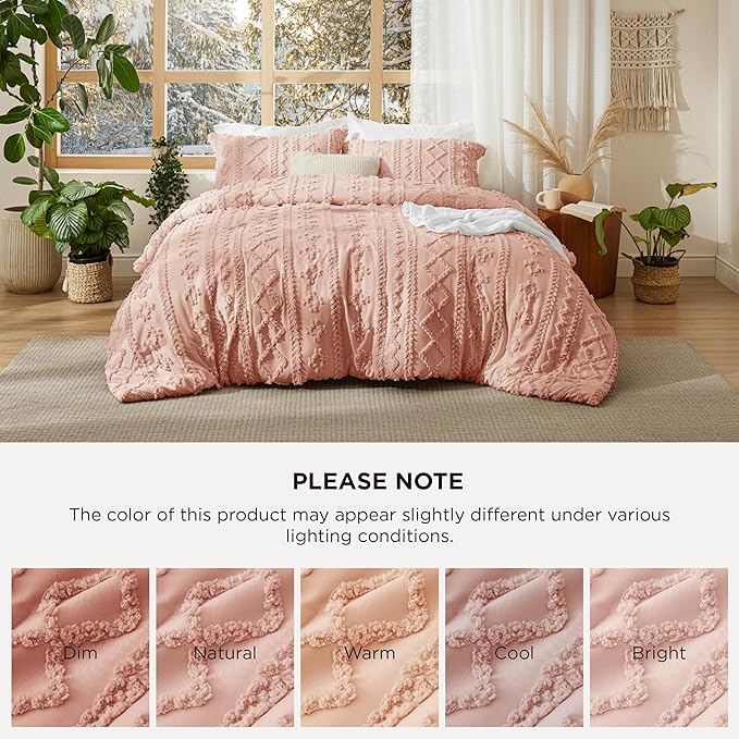 Bedsure Tufted Boho Comforter Set King Size - Pink Boho Bed Set, GentleSoft™ 3 Pieces Farmhouse Shabby Chic Embroidery Bedding, Gifts for Woman, Soft Jacquard King Comforter for All Seasons