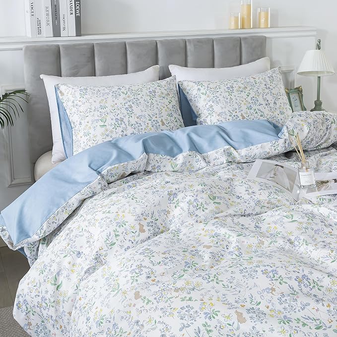 HoneiLife Cotton Duvet Cover Queen - Floral Comforter Cover 3-PC, Soft Flower Bedding Duvet Cover Sets with Zipper Closure & Corner Ties, Wildflower Bedlinen Sets for All Season Use