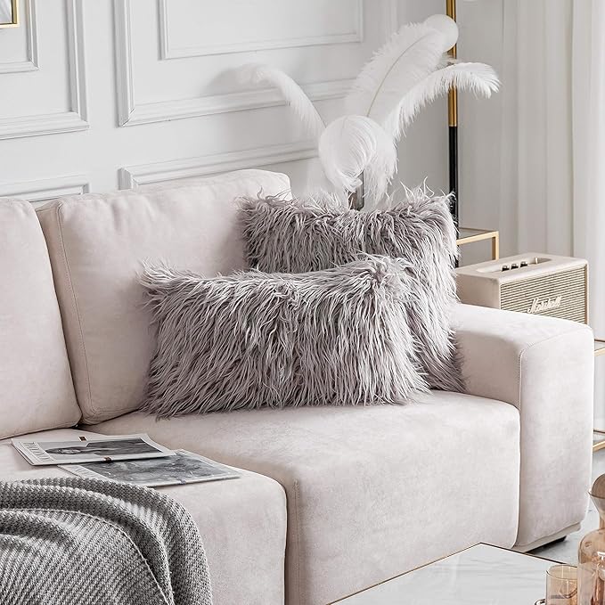 Home Brilliant Lumbar Pillow Cover Decorative Faux Fur Oblong Fuzzy Throw Pillow Covers for Couch Sofa Bed, 12x20inches, 30 x 50cm, Set of 2, Light Grey