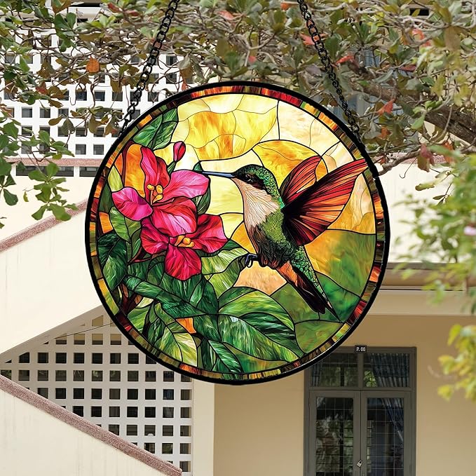 Stained Glass Suncatcher, Hummingbird Red Flowers Green Leaves Sun Catcher Stain Glass Window Hanging Decoration Mother's Day Birthday Gifts for Bird Lover Women Men Mom Nana 7.8 in