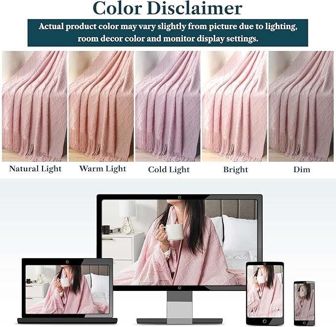 PAVILIA Light Pink Knit Throw Blanket for Couch, Twin Bed, Soft Knitted Farmhouse Sofa Throw for Living Room, Lightweight Decorative Summer Blanket for Chair, Outdoor Textured Boho Blanket, 60x80