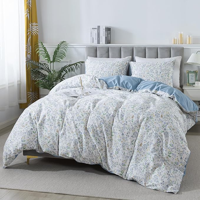 HoneiLife Cotton Duvet Cover Queen - Floral Comforter Cover 3-PC, Soft Flower Bedding Duvet Cover Sets with Zipper Closure & Corner Ties, Wildflower Bedlinen Sets for All Season Use