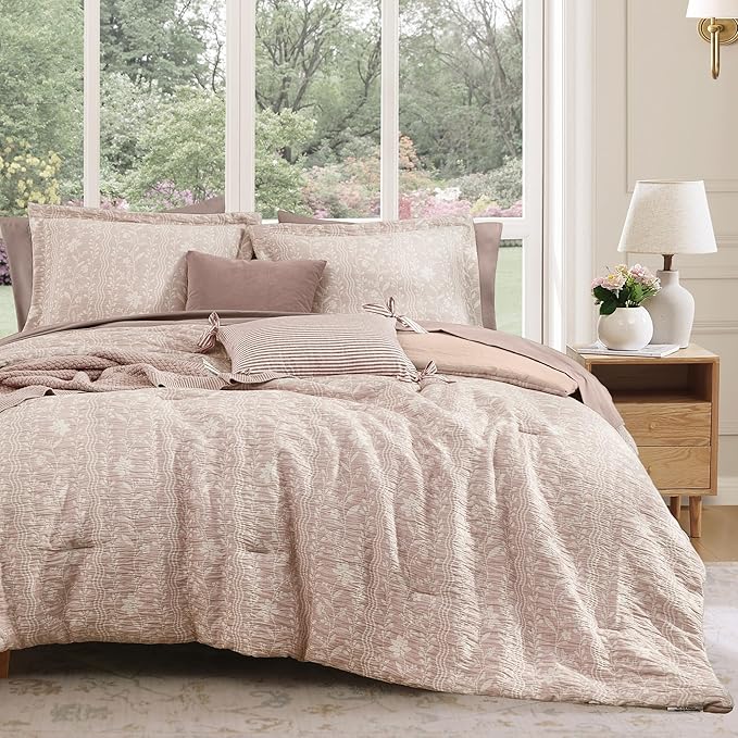 Full Comforter Set -7 Pieces Botanical Almond Pink Comforter Set for All Seasons, Bed in a Bag Full with Flowers Floral Comforter, Sheets, Pillowcases & Shams