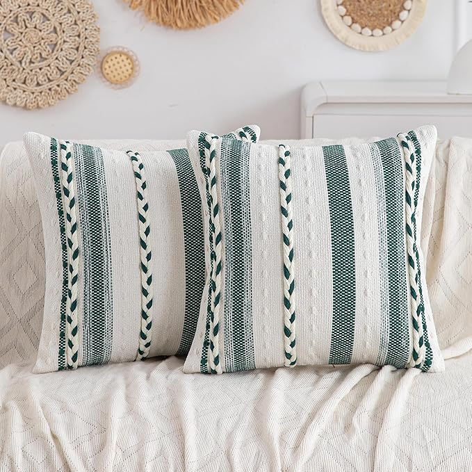 Boho Sage Green Striped Pillow Covers Set of 2-20x20 Inch Farmhouse Coastal Decorative Throw Pillows, Neutral Accent Textured Square Pillowcase for Couch Living Room, Bed, Chair Home Decor
