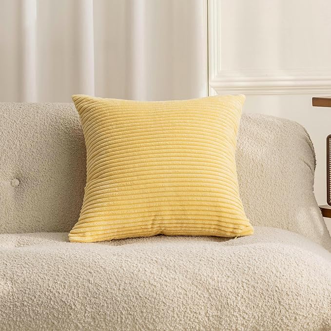 Home Brilliant 20x20 Throw Pillow Cover Soft Plush Pillow Cover Solid Striped Corduroy Throw Pillows for Couch Sofa Furniture Fall Winter Decorations, 20x20 inch (50cm), Light Yellow