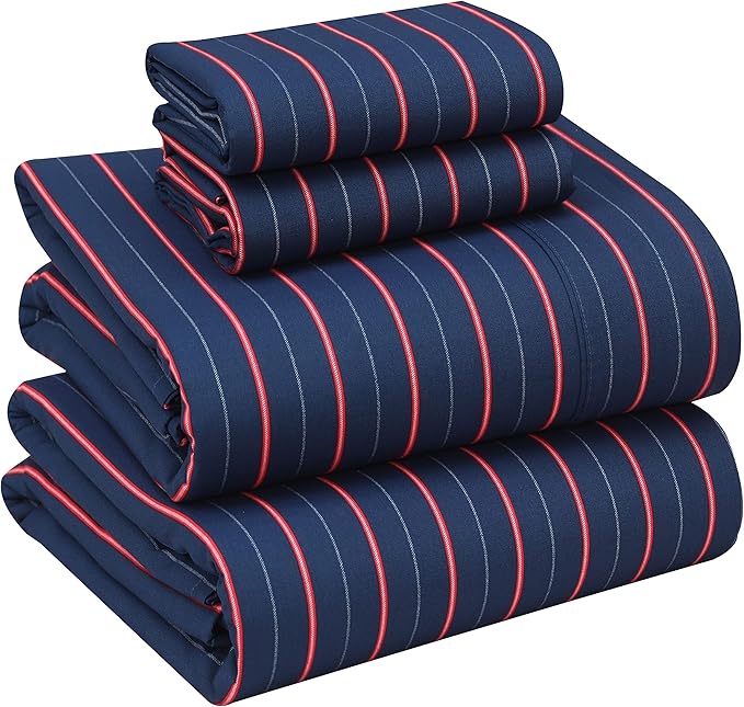 RUVANTI 100% Cotton California King Sheet Sets, 4 Pieces, Soft & Breathable Percale Weave Bedding, Deep Pocket 14", Hotel Standard, Crisp Cool Feel & Durable, Perfect Striped Sheets, Nautical