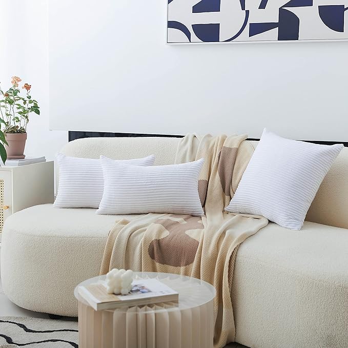 Home Brilliant Oblong Pillow Cover Decorative Striped Corduroy Rectangle Cushion Cover for Couch, Spring Decor 12 x 20 Inch, Pure White