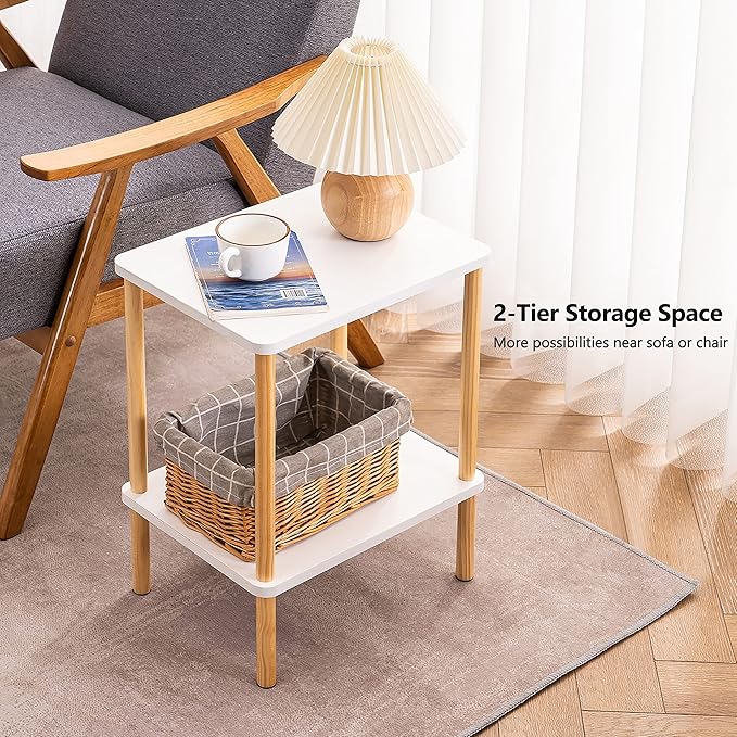 Apicizon 2 Tier End Table Set of 2, Small Side Table with Solid Wood Legs, Boho Bedside Table with Storage Shelf, Nightstand for Small Spaces, Bedroom, Living Room, Entryway, White+Natural