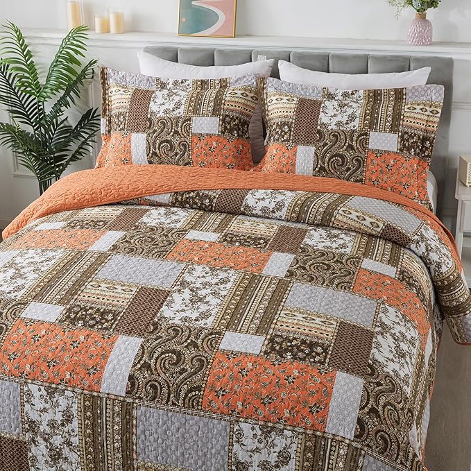 BEDIFANY Farmhouse Cotton Quilts Queen Size for Fall - Lightweight Patchwork Autumn Bedspread Set for Bed Coverlet - Highly-Woven Soft Reversible Bed Spread for All Seasons (Floral Orange) 3 Pieces