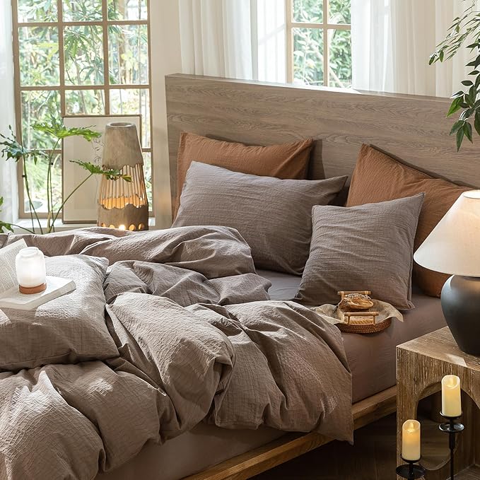 MooMee Wavy Striped Duvet Cover Set 100% Washed Cotton Linen Like Textured Breathable Durable Soft Comfy (Brown, Twin 68"x90")
