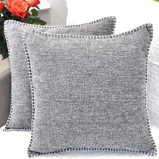 Stitched Edge Soft Throw Pillow Covers Dark Grey 20x20 inches Set of 2 Textured Velvet Gray Chenille Cushion Covers Farmhouse Decorative Pillow Covers for Living Room, Chairs, Couch