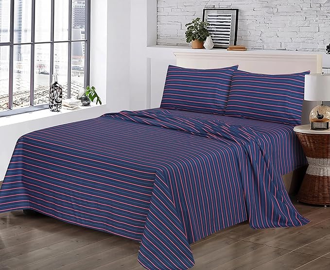 RUVANTI 100% Cotton Split King Sheets Sets for Adjustable Bed, 5 PCs, Soft & Breathable Percale Weave Bedding, Deep Pocket 16", Hotel Standard, Crisp Cool Feel & Durable, Striped Sheet, Nautical