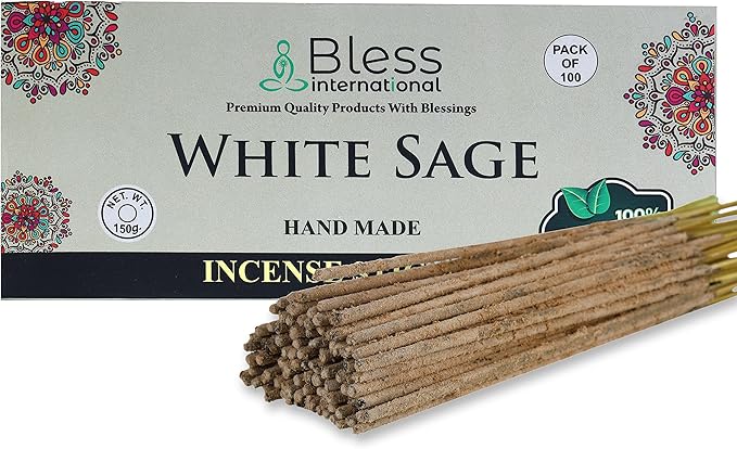 Bless-White-Sage 100%-Natural-Handmade-Hand-Dipped-Incense-Sticks Organic-Chemicals-Charcoal-Free Purification-Relaxation-Positivity-Yoga-Meditation Best-Woods-Scent (100 Sticks (5.25 OZ))