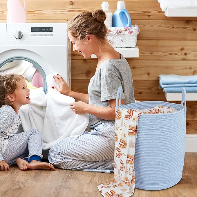 Cotton Rope Laundry Basket Hamper for Clothes Woven Storage Basket for Living Room Bedroom Boho Tall Rope Baskets for Blanket Toys Pillow Towels Baby Nursery Hamper Bin light blue