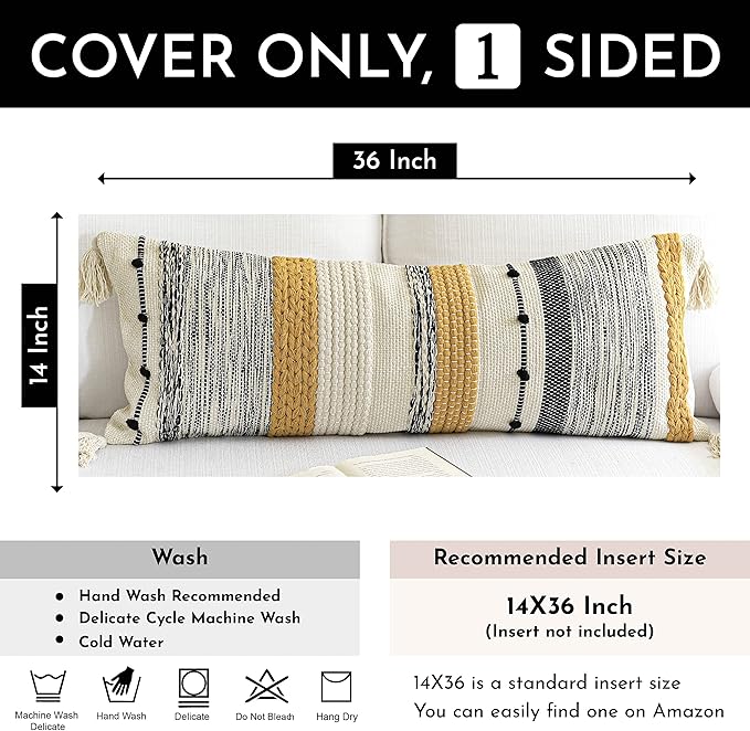 BlissBlush Fall Decorative Lumbar Throw Pillow Cover 14x36 Boho Long Cushion for Bed Yellow Mustard Accent Farmhouse Pillowcase for Bedroom Living Room Couch Sofa Home Décor Cover ONLY