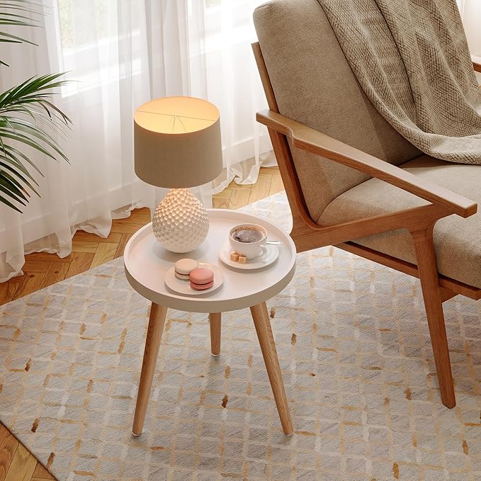 Apicizon Round Side Table, White Tray Nightstand Coffee End Table for Living Room, Bedroom, Small Spaces, Easy Assembly Bedside Table, 15 x 18 Inches