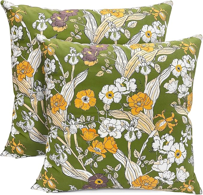Decorative Throw Pillow Covers Set of 2 Green Pillow Covers 18x18 inch Soft Short Plush Square Freesia Floral Throw Pillows,Farmhouse Outdoor Pillow Covers for Couch Sofa Bed Living Room