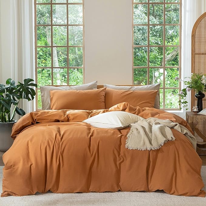 MooMee Bedding Duvet Cover Set 100% Washed Cotton Linen Like Textured Breathable Durable Soft Comfy (Solid Burnt Orange, Queen 90"x90")