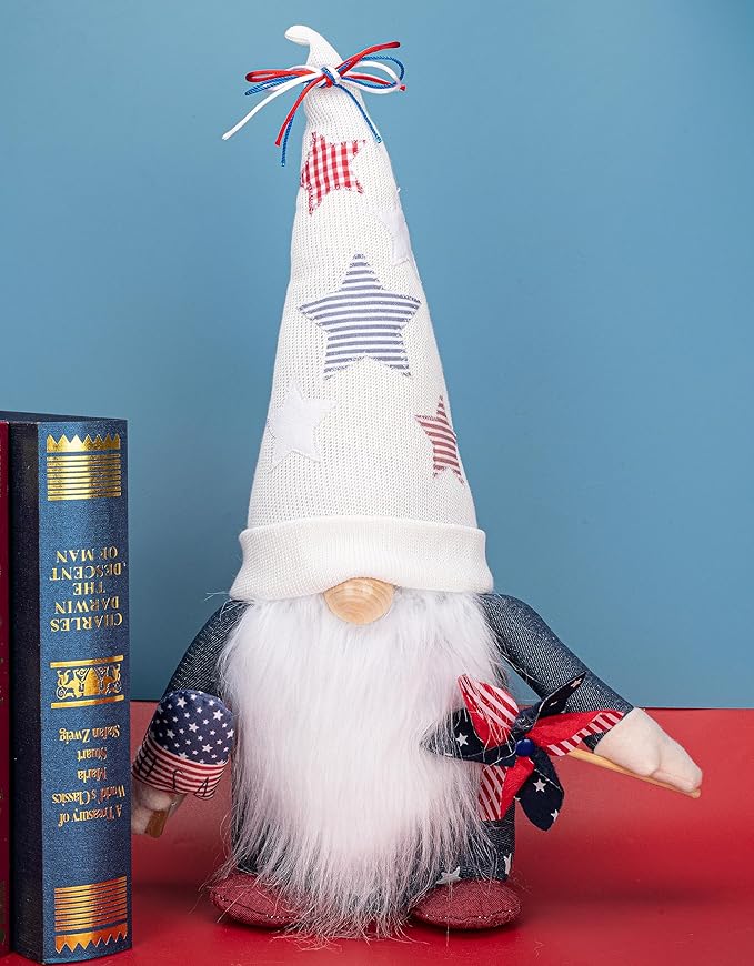 Rae Dunn Americana 4th of July Gnomes – White Gnome with Starred Hat, USA Popsicle & Pinwheel – Americana Decor – Gnome Gifts – 4th of July Decorations for Home