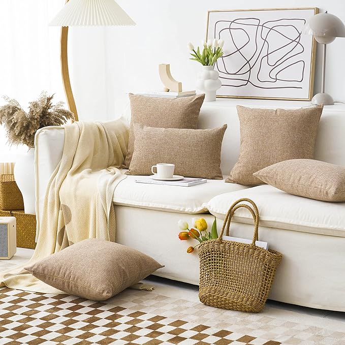 Home Brilliant Linen Throw Pillow Covers 18x18 Burlap Decorative Pillow Covers Farmhouse Throw Pillows for Couch Bench Sofa, Set of 2, 18 x 18 inch, Natural Linen