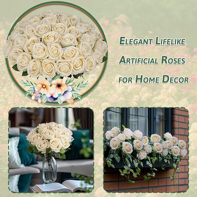 50 PCS Fake Champagne Roses, Artificial Flowers Bulk Realistic Silk Faux Rose with Stems for Wedding Decorations, Bridal Bouquets, Mother's Day Thanksgiving DIY Floral and Home Decor
