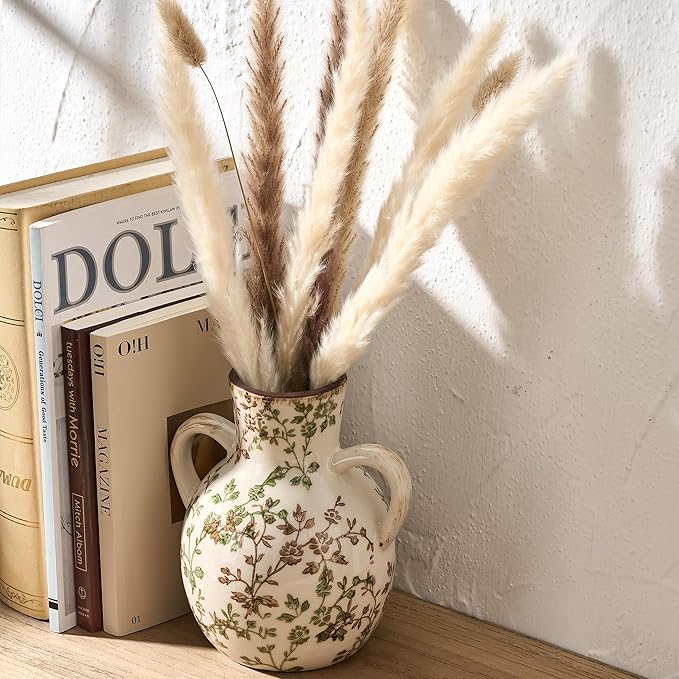 SIDUCAL Ceramic Green and Beige Retro Vase with Handles, 7 Inch Ice Cracked Vintage Pastoral Vase, Rustic Farmhouse Vases for Home Decor, Table, Living Room, Shelf Decor, Chinoiserie Decor