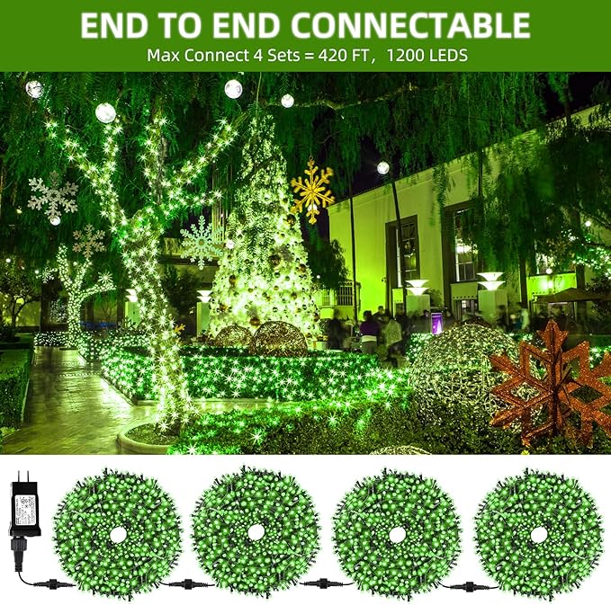 Upgraded 105FT 300LEDs Christmas Lights Outdoor Indoor String Lights 8 Modes Memory Function for Christmas Tree Party Decoration (Green)