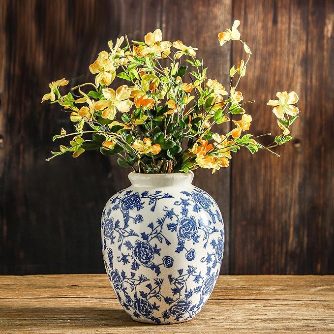 Ceramic Flower Vase, Blue and White Vintage Decorative Vase Chinoiserie Decor Rustic Farmhouse Retro Floral Vases for Table Bookshelf Mantel Kitchen Living Room Office - 7.8inch Blue