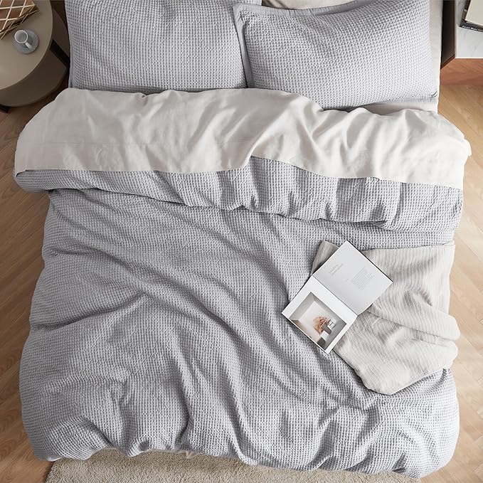Bedsure Cotton Duvet Cover King - 100% Cotton Waffle Weave Grey Duvet Cover King Size, GentleSoft™ and Breathable Bedding Set for All Season, 3 Pieces, 104"x90"